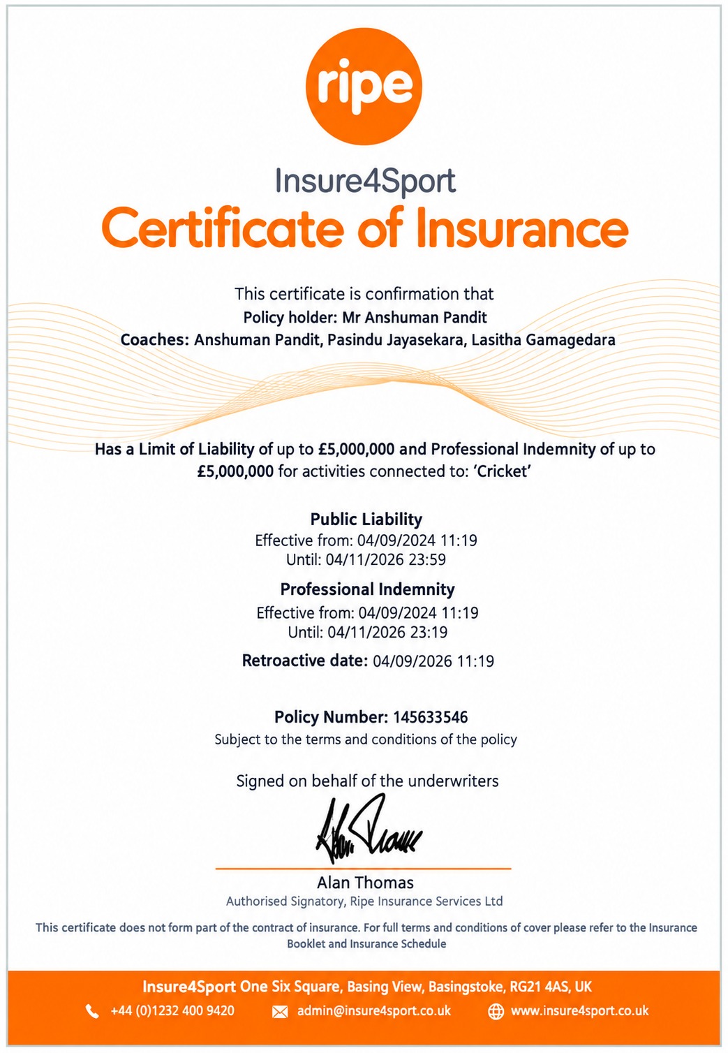 NexaGen Cricket Academy – Public Liability Certificate